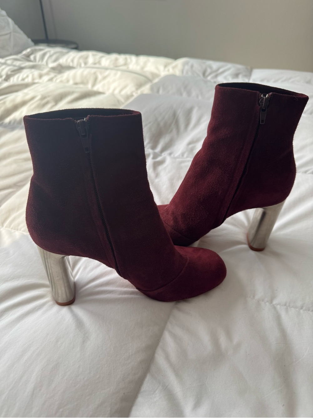Celine Burgundy Suede Ankle Boots with Metallic Heel - Picture 4 of 7